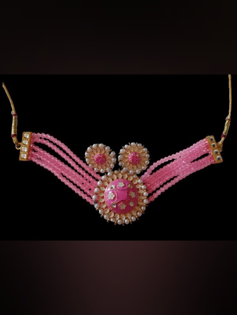 Unbranded Pink Beaded Choker Necklace Set with Floral Motifs